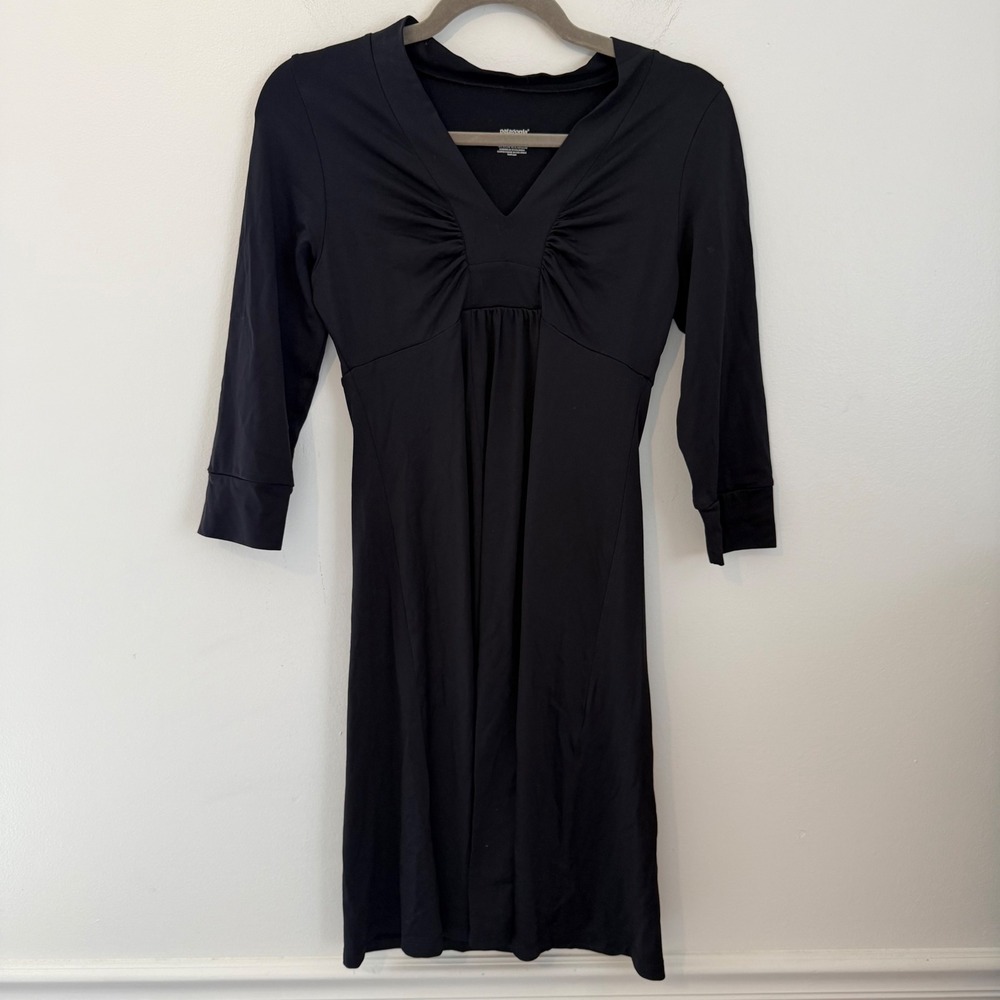 Patagonia Womens Black Ruched V-Neck Empire Waist 3/4 Sleeve Dress Size S‎